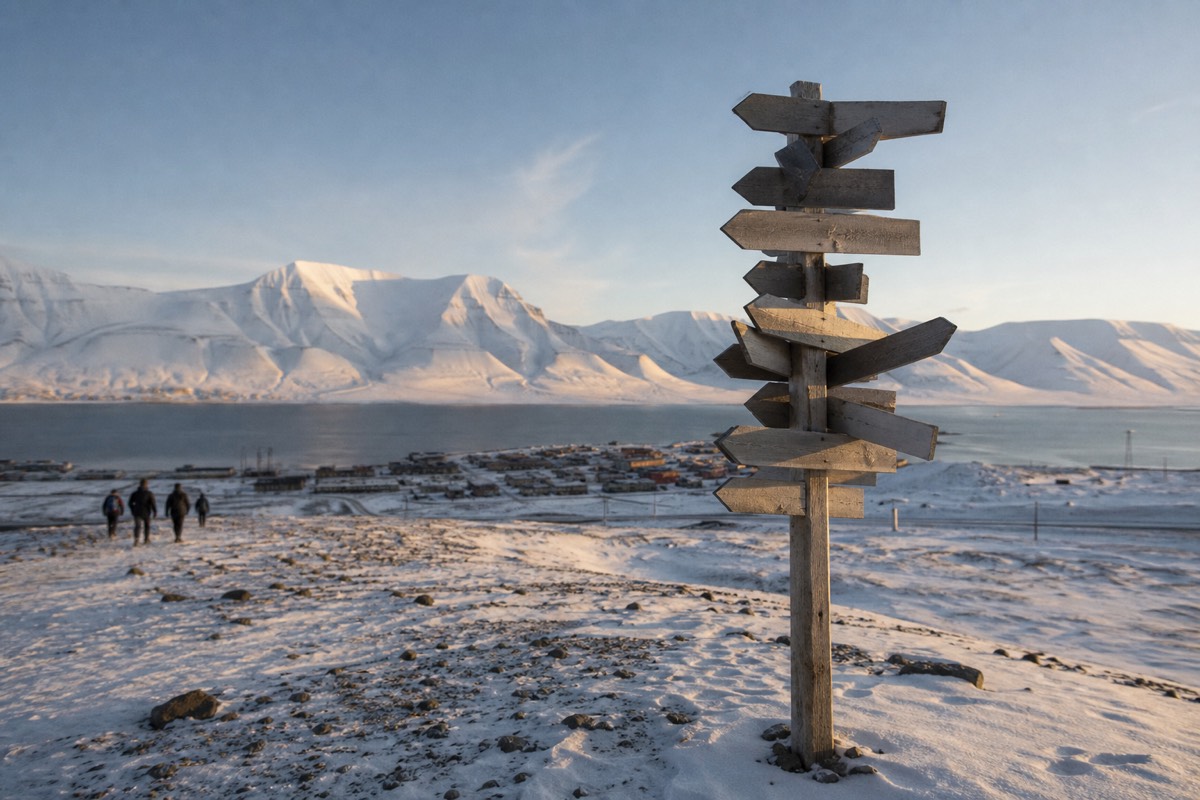 Signpost and coloured buildings in Longyearbyen, the world's northernmost town, under Arctic light