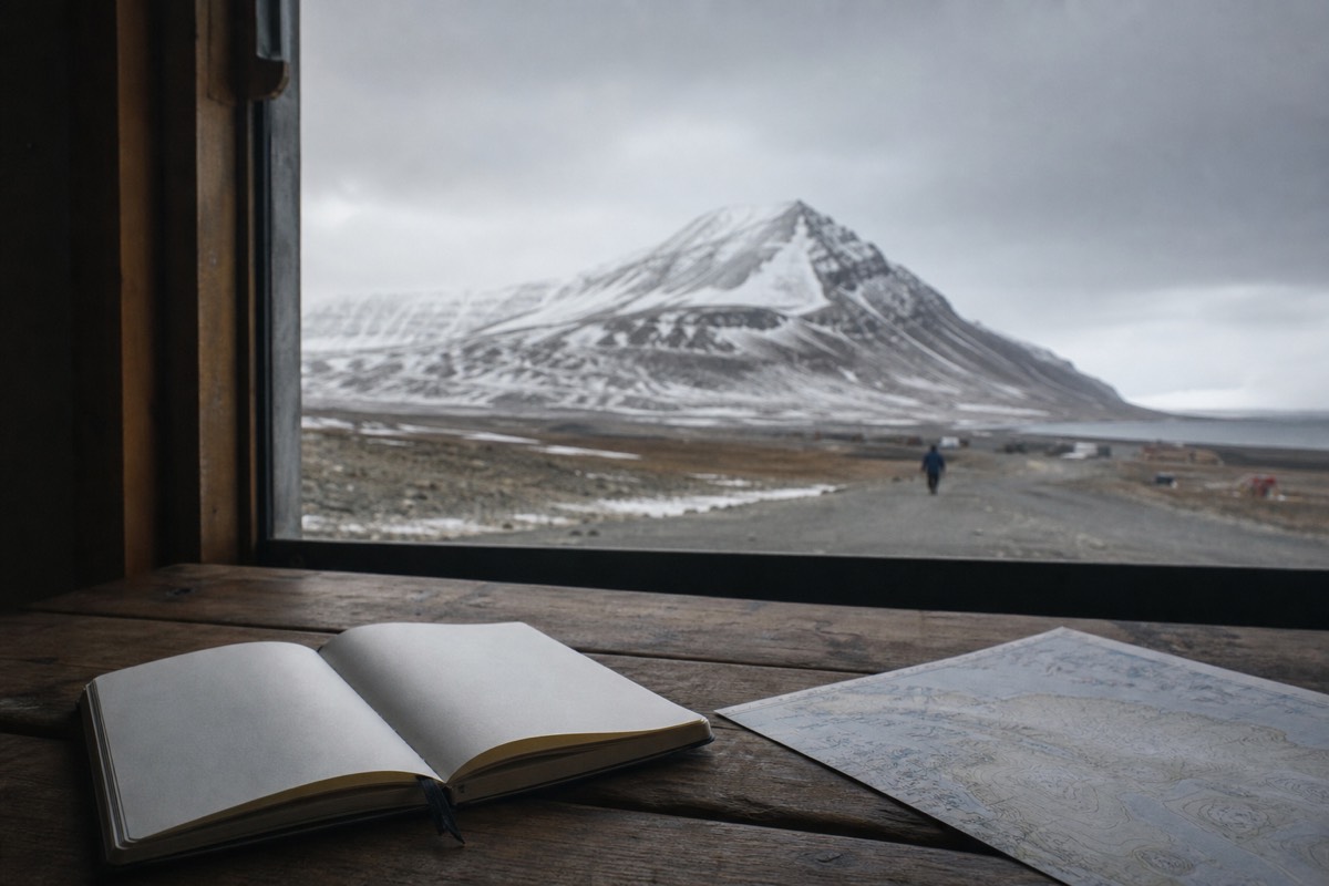 Traveller checking a tour confirmation outside a Longyearbyen guesthouse in low Arctic light